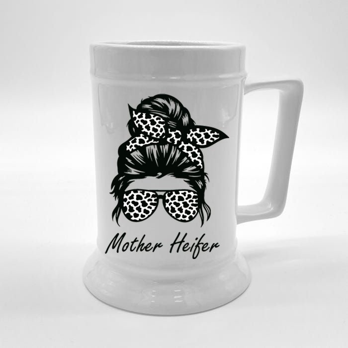 Mother Heifer Farmer Mom Cow Messy Bun Hair Bandana Cow Beer Stein