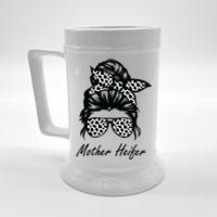 Mother Heifer Farmer Mom Cow Messy Bun Hair Bandana Cow Beer Stein