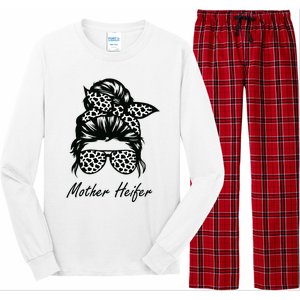 Mother Heifer Farmer Mom Cow Messy Bun Hair Bandana Cow Long Sleeve Pajama Set