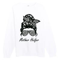 Mother Heifer Farmer Mom Cow Messy Bun Hair Bandana Cow Premium Crewneck Sweatshirt