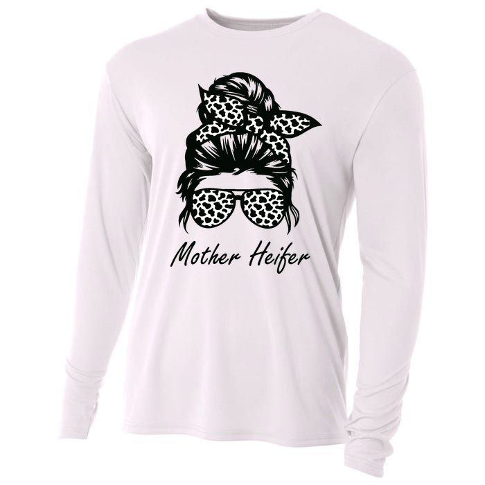 Mother Heifer Farmer Mom Cow Messy Bun Hair Bandana Cow Cooling Performance Long Sleeve Crew