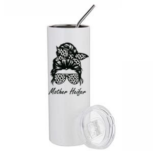 Mother Heifer Farmer Mom Cow Messy Bun Hair Bandana Cow Stainless Steel Tumbler