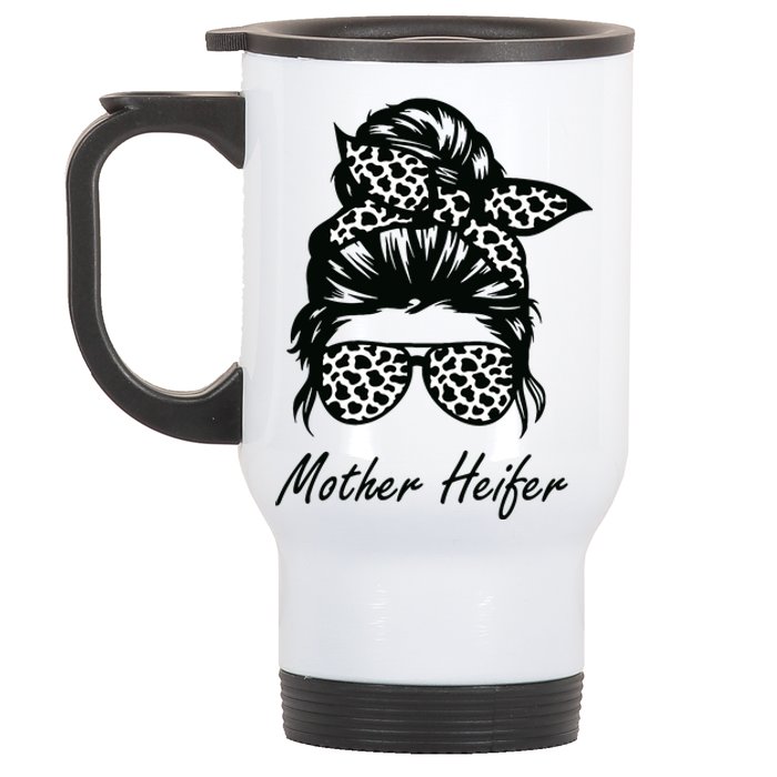 Mother Heifer Farmer Mom Cow Messy Bun Hair Bandana Cow Stainless Steel Travel Mug