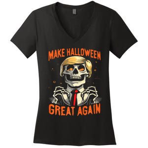 Make Halloween Great Again Donald Trump Funny Skeleton Women's V-Neck T-Shirt