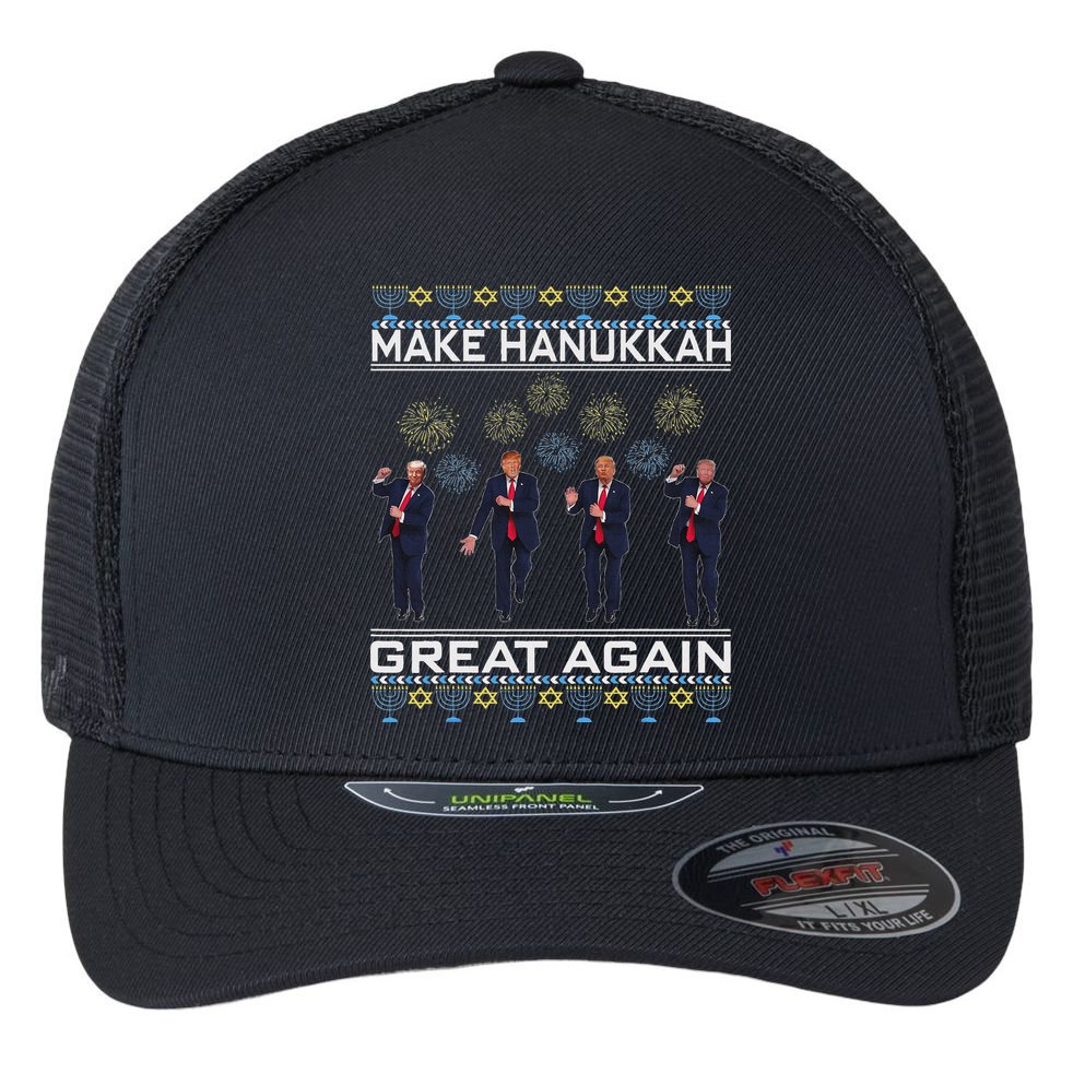 Make Hanukkah Great Again Funny Trump Ugly Chanukah Flexfit Unipanel Trucker Cap