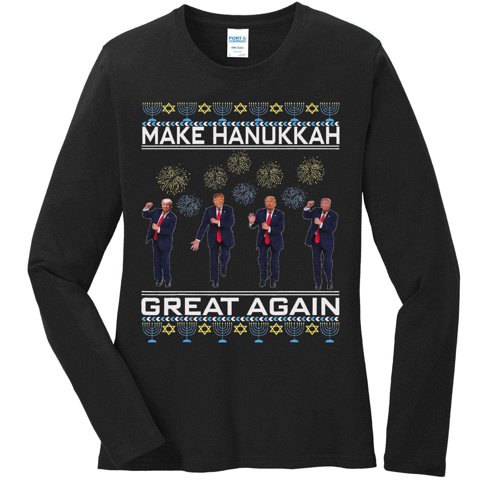 Make Hanukkah Great Again Funny Trump Ugly Chanukah Ladies Long Sleeve Shirt