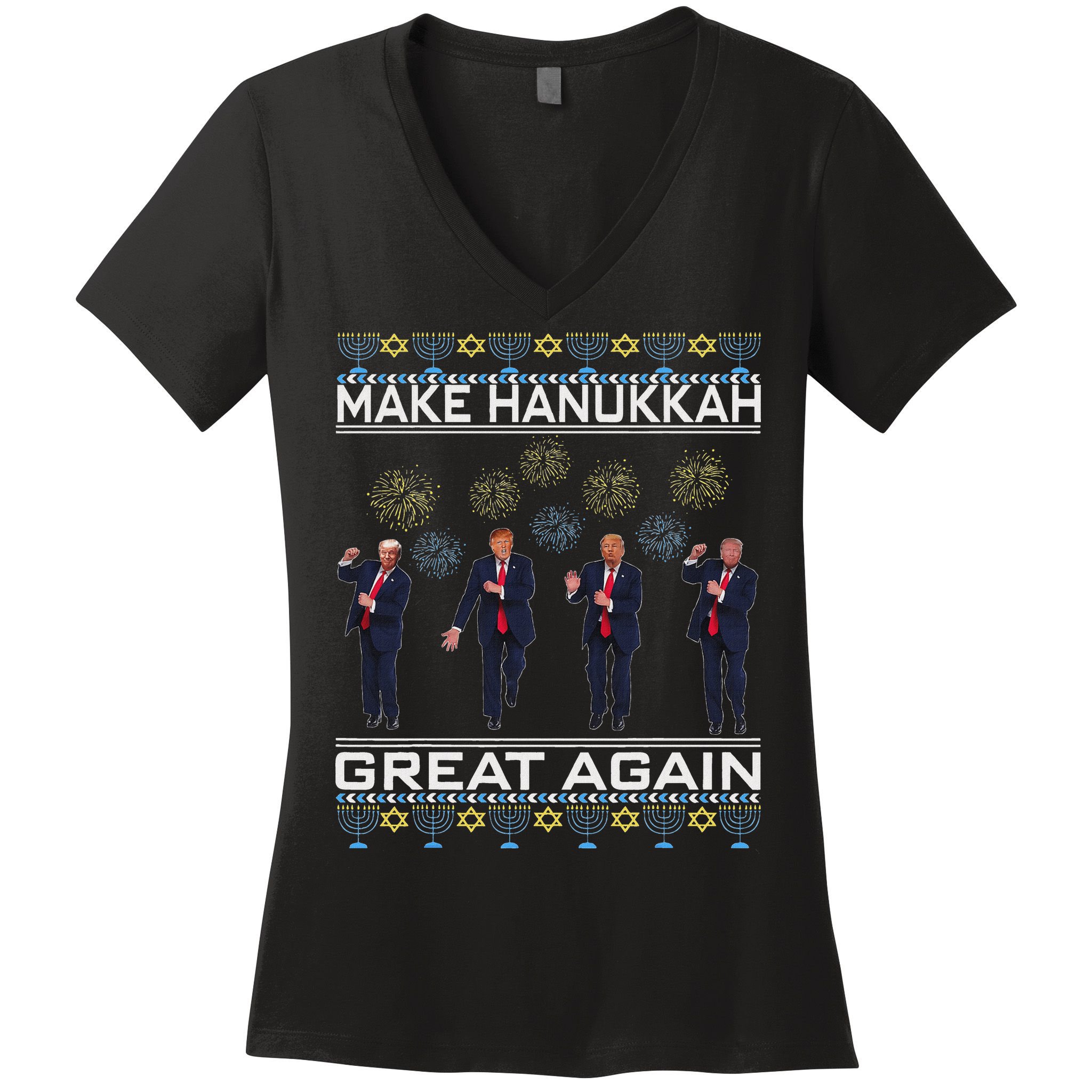 Make Hanukkah Great Again Funny Trump Ugly Chanukah Women's V-Neck T-Shirt