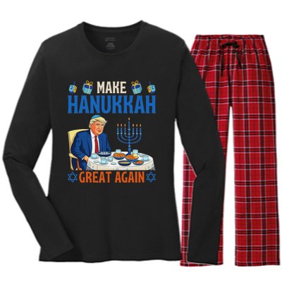 Make Hanukkah Great Again Funny Donald Trump Dinner Jewish Women's Long Sleeve Flannel Pajama Set 