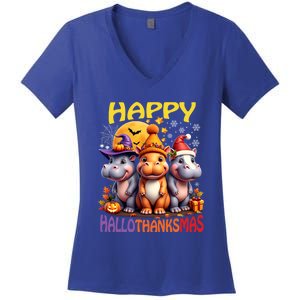 Moodeng Hippo Happy Hallothanksmas Famous Pigmy Moodeng Gift Women's V-Neck T-Shirt