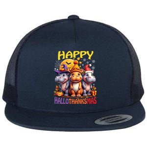 Moodeng Hippo Happy Hallothanksmas Famous Pigmy Moodeng Gift Flat Bill Trucker Hat