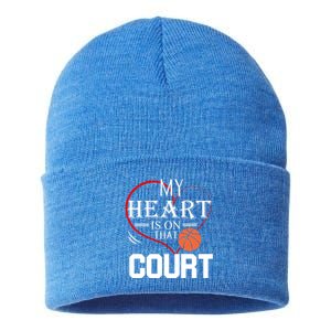 My Heart Is On That Court Basketball Mom Dad Gift Gift Sustainable Knit Beanie