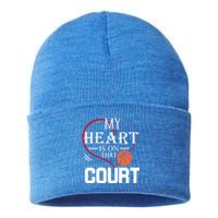 My Heart Is On That Court Basketball Mom Dad Gift Gift Sustainable Knit Beanie