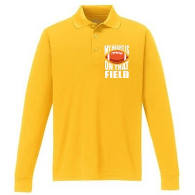 My Heart Is On That Field American Football Mom Dad Cute Gift Performance Long Sleeve Polo