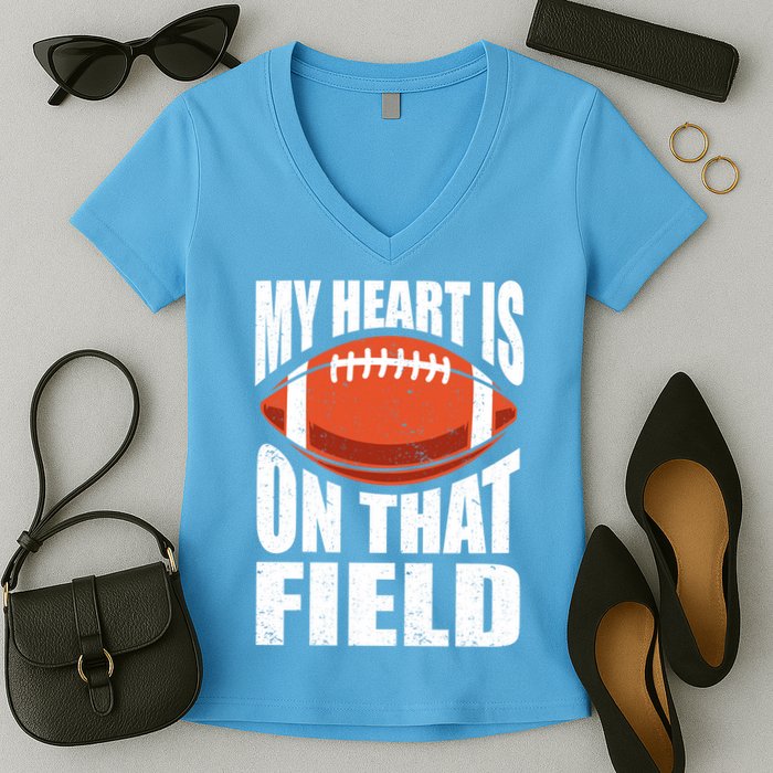 My Heart Is On That Field American Football Mom Dad Cute Gift Women's V-Neck T-Shirt