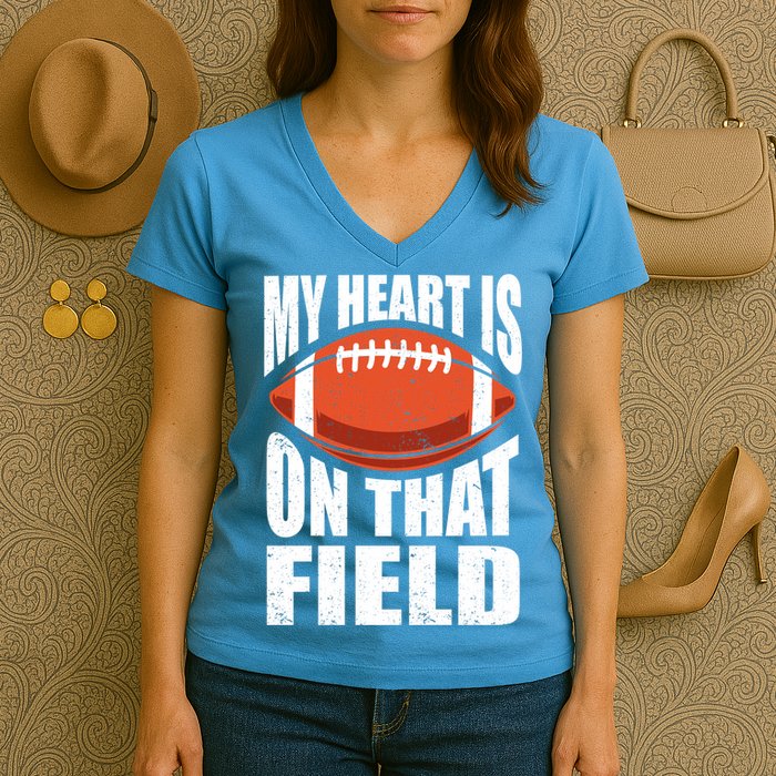 My Heart Is On That Field American Football Mom Dad Cute Gift Women's V-Neck T-Shirt