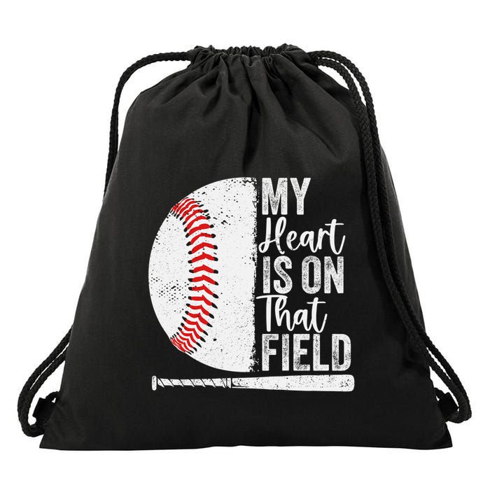 My Heart Is On That Baseball Field Proud Baseball Dad Fan Gift Drawstring Bag