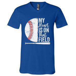 My Heart Is On That Baseball Field Proud Baseball Dad Fan Gift V-Neck T-Shirt