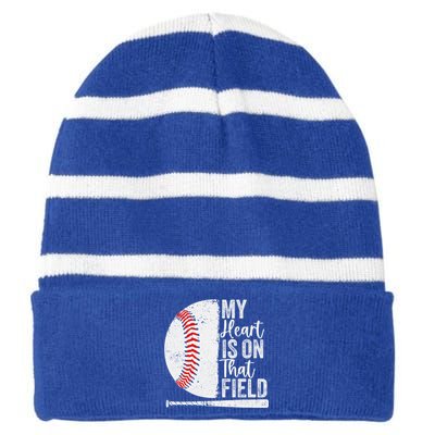 My Heart Is On That Baseball Field Proud Baseball Dad Fan Gift Striped Beanie with Solid Band