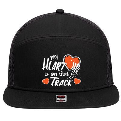 My Heart Is On That Track Track And Field Mom 7 Panel Mesh Trucker Snapback Hat