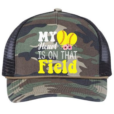 My Heart Is On That Field Baseball Softball Mom Gifts Retro Rope Trucker Hat Cap