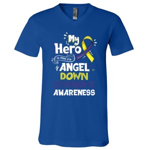 My Hero Is Now My Angel Down Syndrome Awareness Gift Funny Gift V-Neck T-Shirt