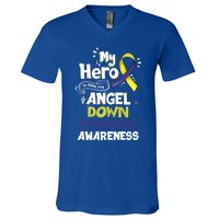 My Hero Is Now My Angel Down Syndrome Awareness Gift Funny Gift V-Neck T-Shirt