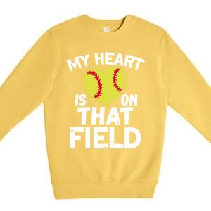 My Heart Is On That Field Softball Gift For Mom Dad Gift Premium Crewneck Sweatshirt