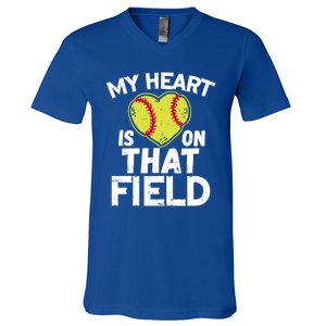 My Heart Is On That Field Softball Gift For Mom Dad Gift V-Neck T-Shirt