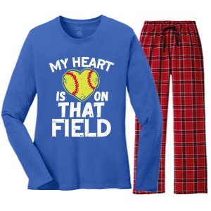 My Heart Is On That Field Softball Gift For Mom Dad Gift Women's Long Sleeve Flannel Pajama Set 