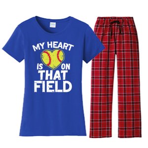 My Heart Is On That Field Softball Gift For Mom Dad Gift Women's Flannel Pajama Set