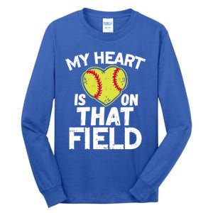 My Heart Is On That Field Softball Gift For Mom Dad Gift Tall Long Sleeve T-Shirt