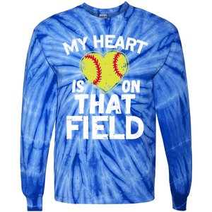 My Heart Is On That Field Softball Gift For Mom Dad Gift Tie-Dye Long Sleeve Shirt