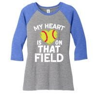 My Heart Is On That Field Softball Gift For Mom Dad Gift Women's Tri-Blend 3/4-Sleeve Raglan Shirt