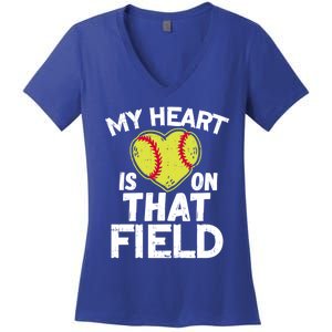 My Heart Is On That Field Softball Gift For Mom Dad Gift Women's V-Neck T-Shirt