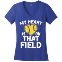 My Heart Is On That Field Softball Gift For Mom Dad Gift Women's V-Neck T-Shirt