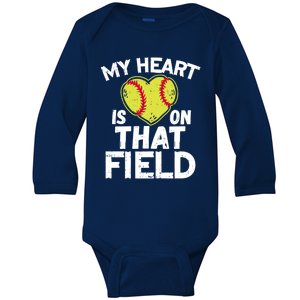 My Heart Is On That Field Softball Gift For Mom Dad Gift Baby Long Sleeve Bodysuit