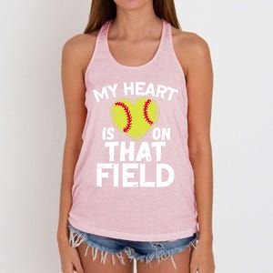 My Heart Is On That Field Softball Gift For Mom Dad Gift Women's Knotted Racerback Tank