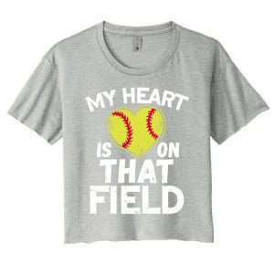 My Heart Is On That Field Softball Gift For Mom Dad Gift Women's Crop Top Tee