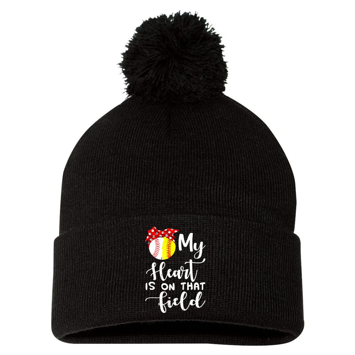 My Heart Is On That Field Baseball TShirt Softball Mom TShirt Pom Pom 12in Knit Beanie