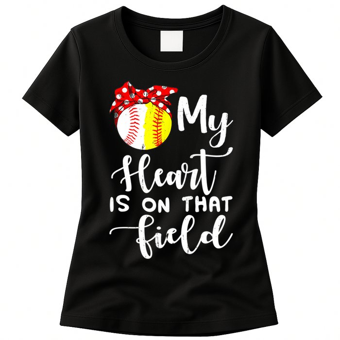 My Heart Is On That Field Baseball TShirt Softball Mom TShirt Womens T-Shirt