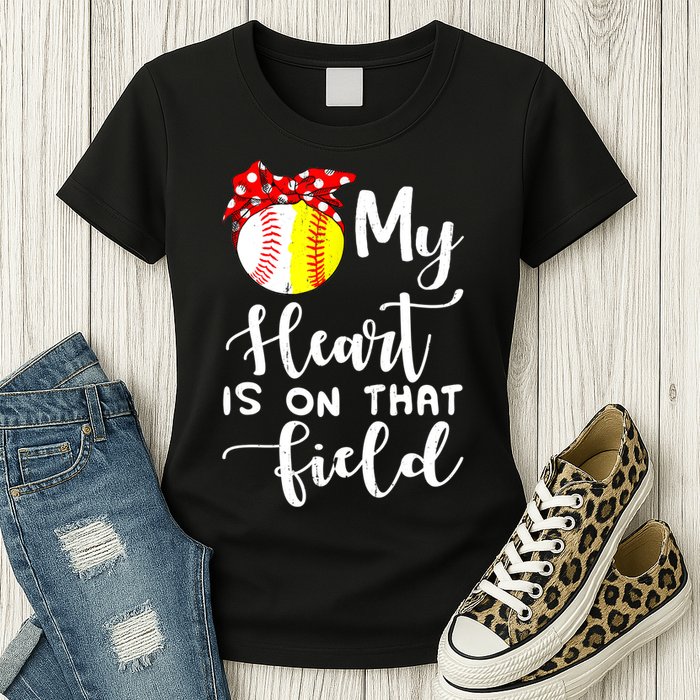 My Heart Is On That Field Baseball TShirt Softball Mom TShirt Womens T-Shirt