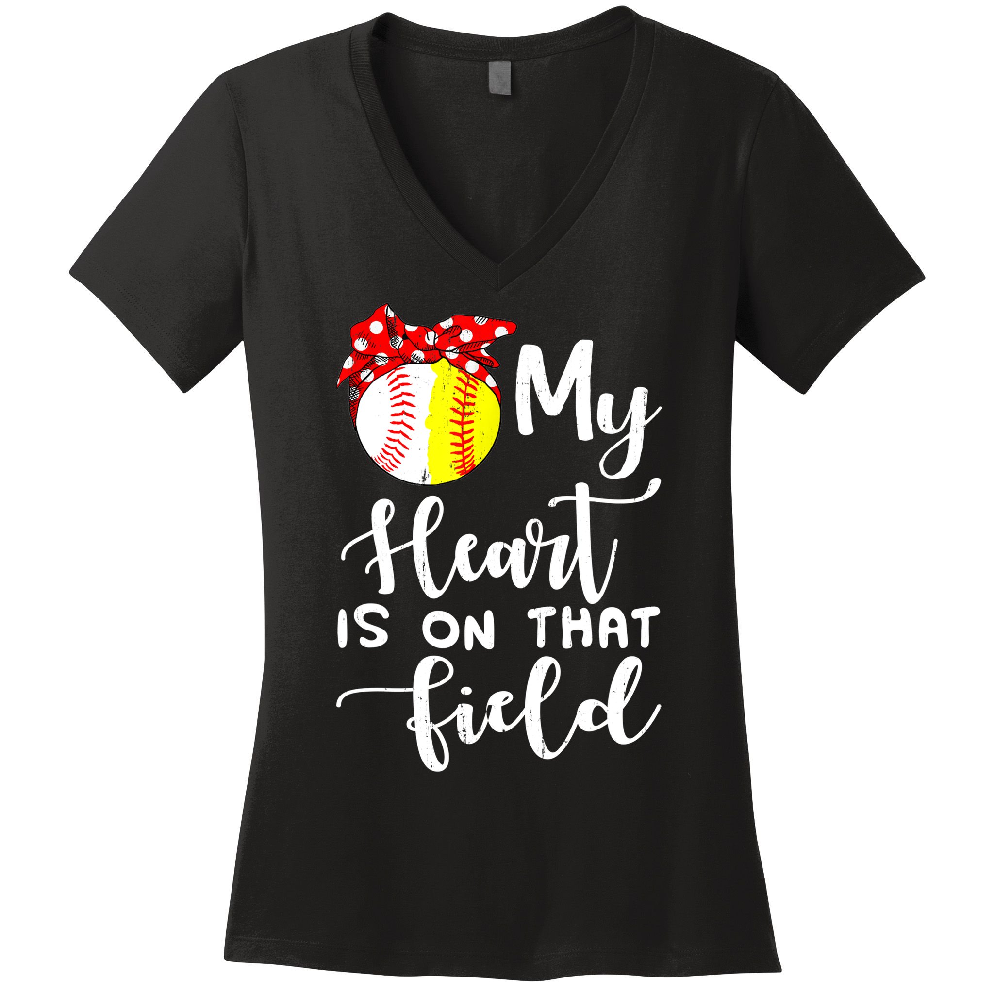 My Heart Is On That Field Baseball TShirt Softball Mom TShirt Women's V-Neck T-Shirt
