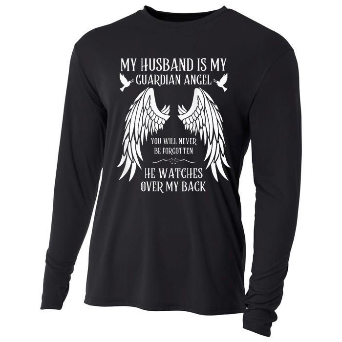 My Husband Is My Guardian Angel In Heaven Memory Memorial Cooling Performance Long Sleeve Crew