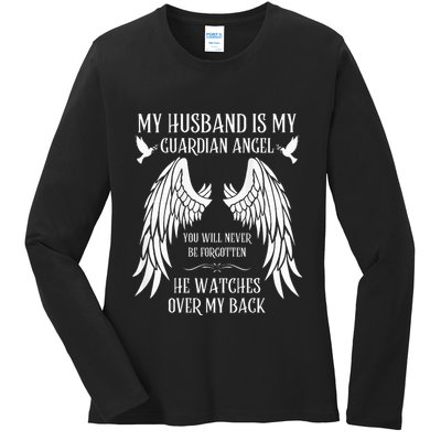 My Husband Is My Guardian Angel In Heaven Memory Memorial Ladies Long Sleeve Shirt