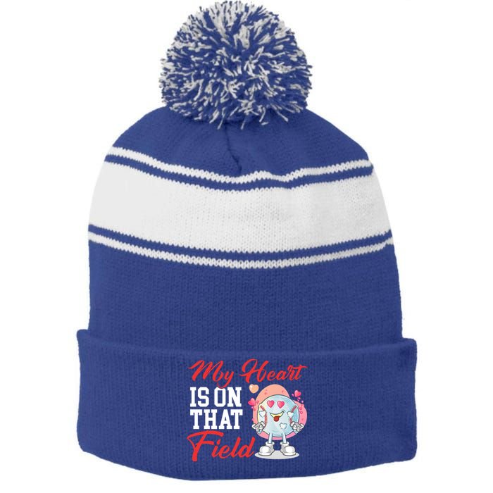 My Heart Is On That Field Baseball Gift Stripe Pom Pom Beanie