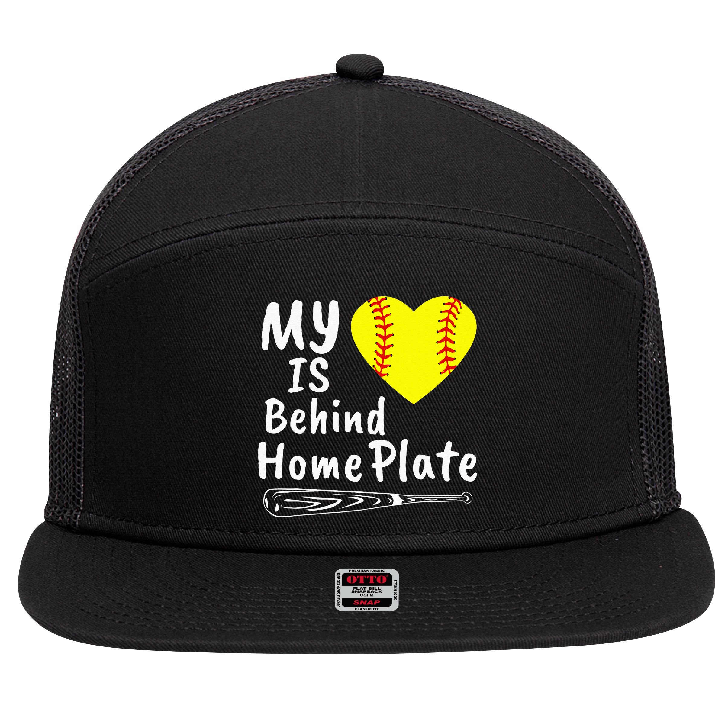 My Heart Is Behind Home Plate Softball Proud Mom Dad 7 Panel Mesh Trucker Snapback Hat