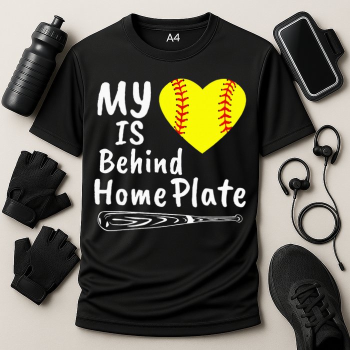 My Heart Is Behind Home Plate Softball Proud Mom Dad Cooling Performance Crew T-Shirt