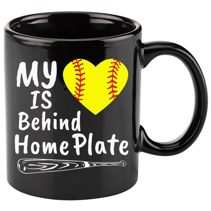 My Heart Is Behind Home Plate Softball Proud Mom Dad 11oz C Handle Ceramic Mug