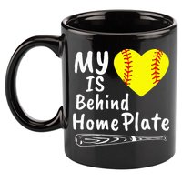 My Heart Is Behind Home Plate Softball Proud Mom Dad 11oz C Handle Ceramic Mug