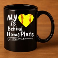 My Heart Is Behind Home Plate Softball Proud Mom Dad 11oz C Handle Ceramic Mug